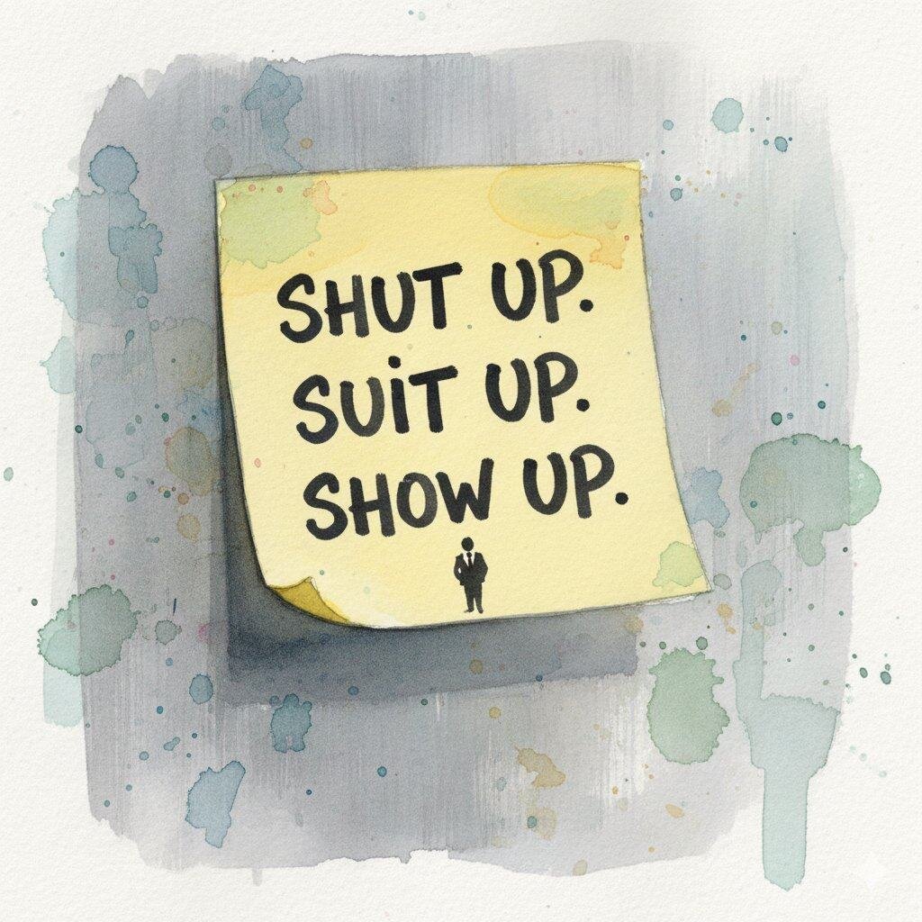 Watercolor of sticky note with "Shut up. Suit up. Show up." message