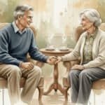 When Your Pain Becomes Your Credentials: The Unexpected Qualification from Struggle Two older people sitting together in supportive conversation and holding a hand