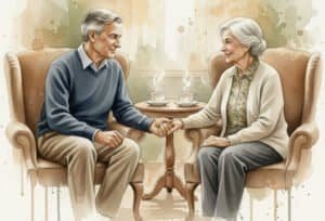 Two older people sitting together in supportive conversation and holding a hand