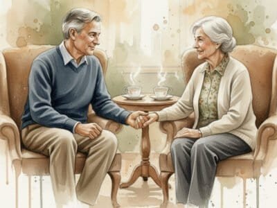 Two older people sitting together in supportive conversation and holding a hand