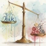 The Balance Between Talking About Pain and Getting On With Life Watercolor of traditional balance scales with "talk" on one side, "action" on the other