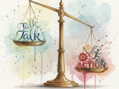 Watercolor of traditional balance scales with "talk" on one side, "action" on the other