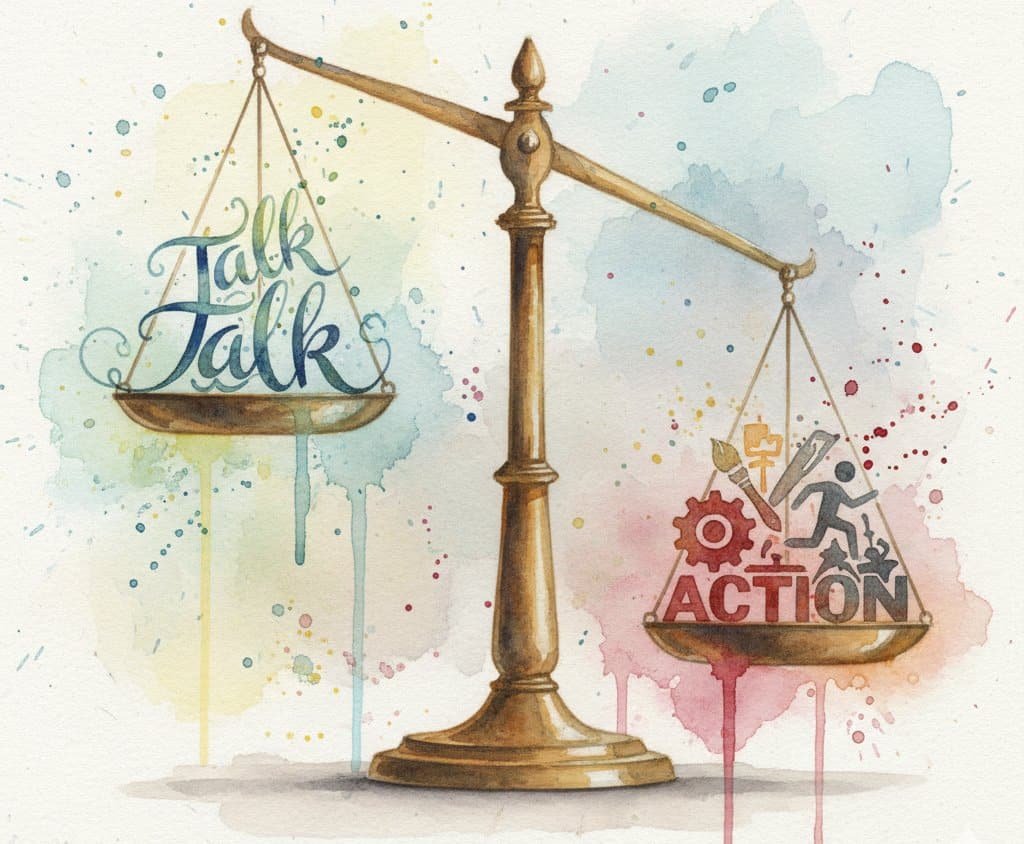 Watercolor of traditional balance scales with "talk" on one side, "action" on the other