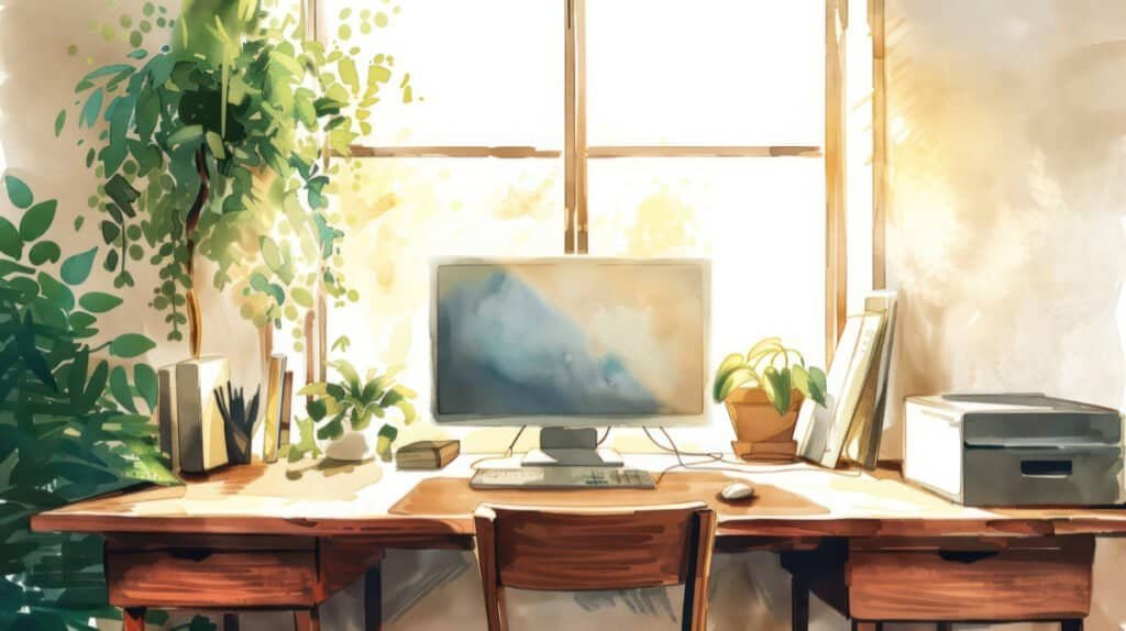 watercolor painting of tidy desk with a monitor