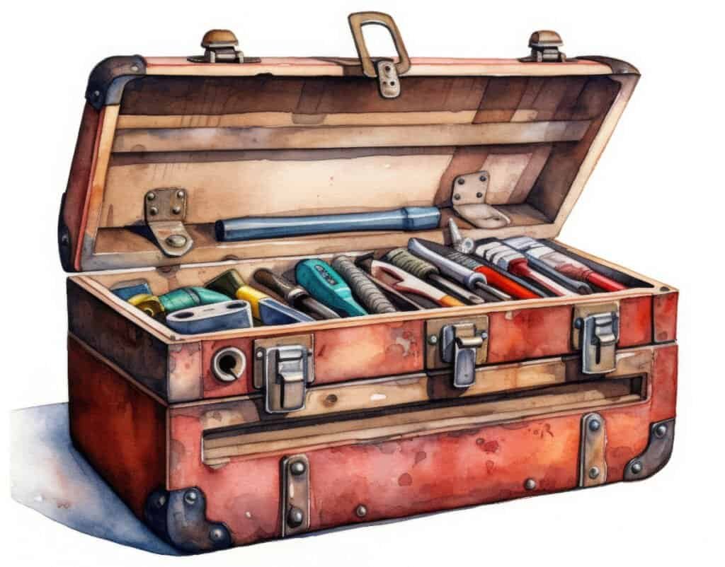Watercolor of old toolbox with tools inside.