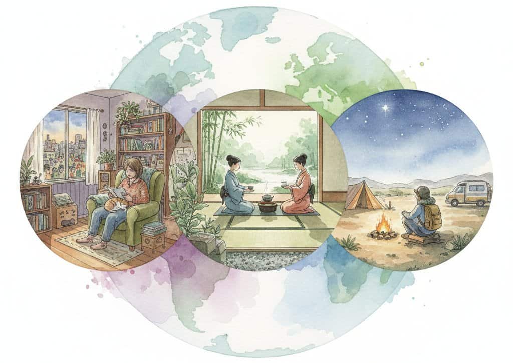 Watercolor depiction of three different lifestyles in the world, showcasing It's all relative.