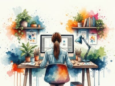 A woman sitting at a desk devoted to her computer work