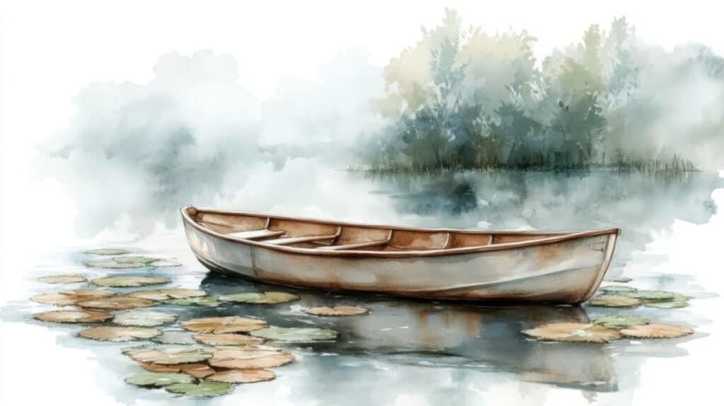 A wooden boat floating and drifting on a calm, misty lake.