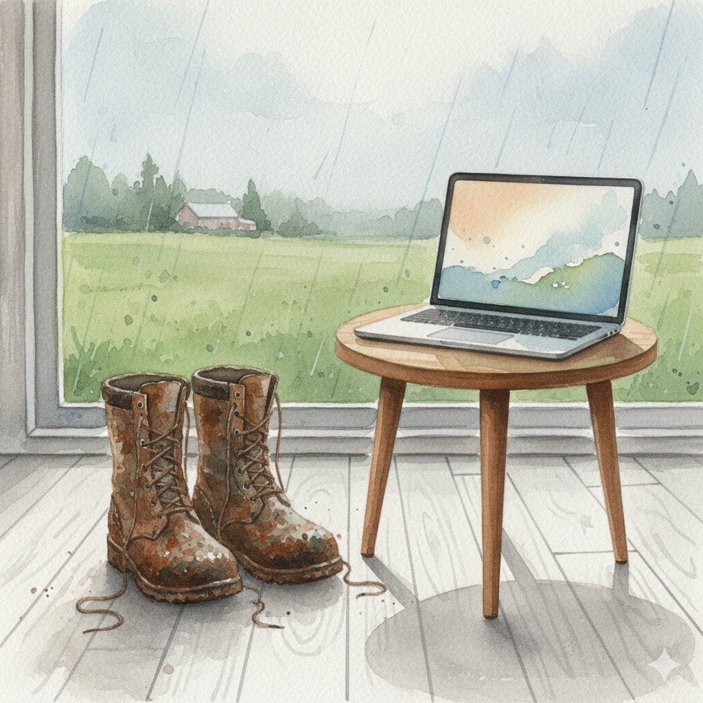 Work boots placed beside laptop on wooden floor with rain outside against the window