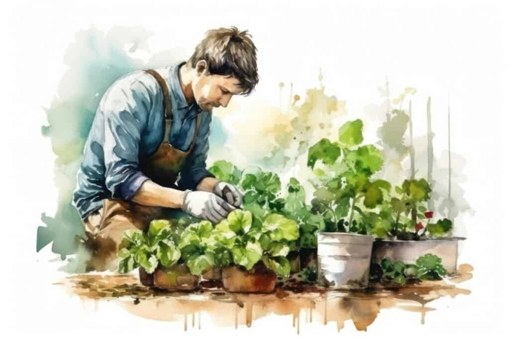 Watercolor of a man getting some alone time working outside with plants