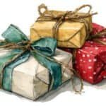 If You Became Rich, Who Would You Help First? (All About You #4) Watercolor painting of christmas gifts wrapped in colorful paper, tied with twine and adorned with ribbons.