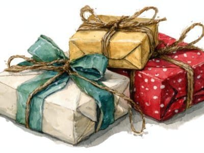 Watercolor painting of christmas gifts wrapped in colorful paper, tied with twine and adorned with ribbons.