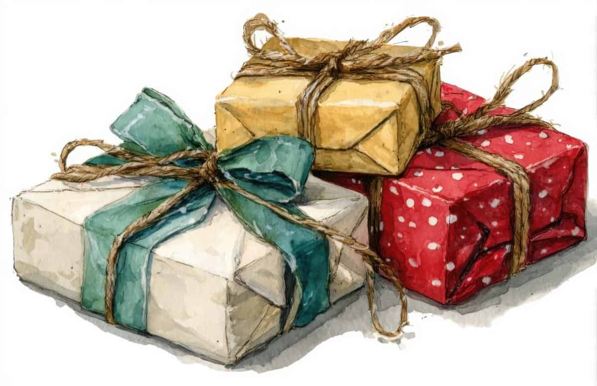 Watercolor painting of christmas gifts wrapped in colorful paper, tied with twine and adorned with ribbons.