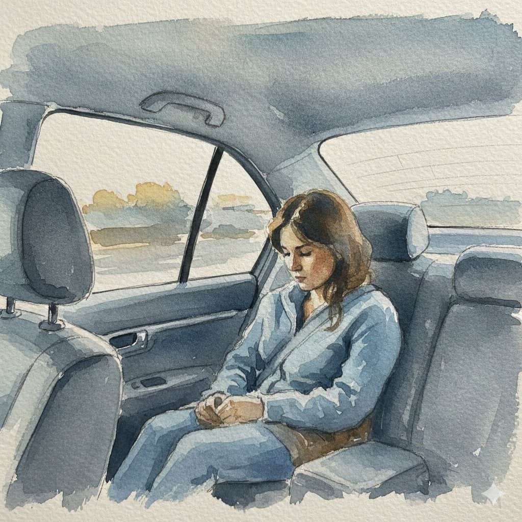 A person reluctantly sitting in the backseat of a car and not in control of their journey