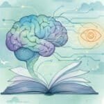 Why I Tell AI Everything (And Don't Really Care Who's Listening) A watercolor illustration depicting an open book and abstract brain with wires and data streams gracefully flowing out and connecting to an AI symbol.