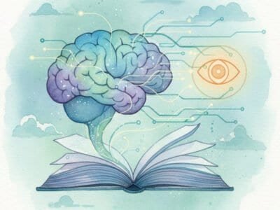 A watercolor illustration depicting an open book and abstract brain with wires and data streams gracefully flowing out and connecting to an AI symbol.