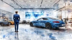 Blue luxury sports car showroom with a man in a suit admiring high-end vehicles, modern automotive dealership, stylish interior design, and a focus on premium automobiles in a high-tech environment.