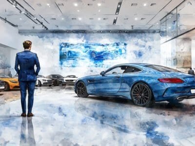 A guy comfortably stands in a car showroom looking at the nice cars.