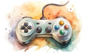 Watercolor Illustration of a Classic Video Game Controller with Colorful Splatters and Artistic Flair