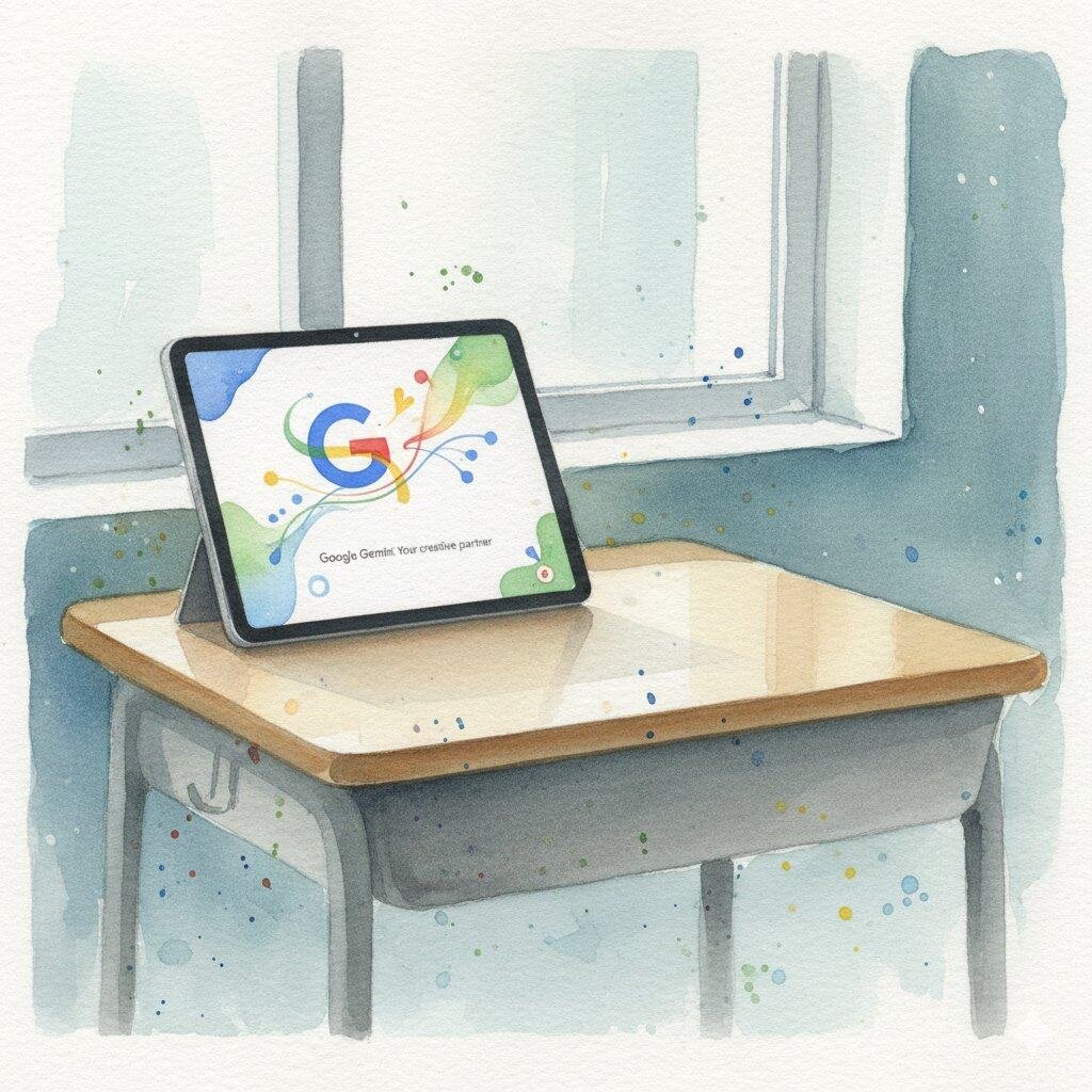 A watercolor image of a tranquil, empty classroom desk, with a tablet displaying Google Gemini.