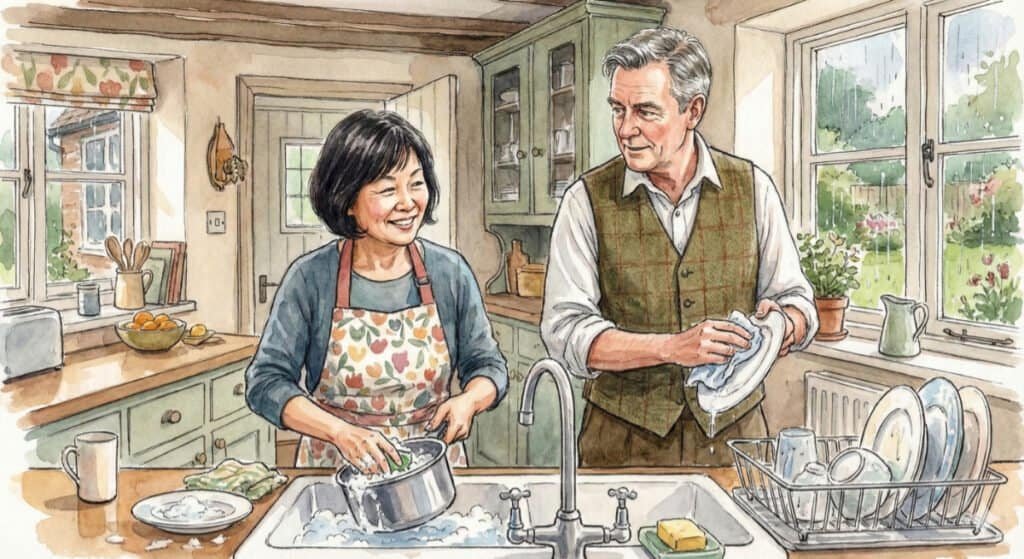 A content couple washing dishes and living together - even after a divorce