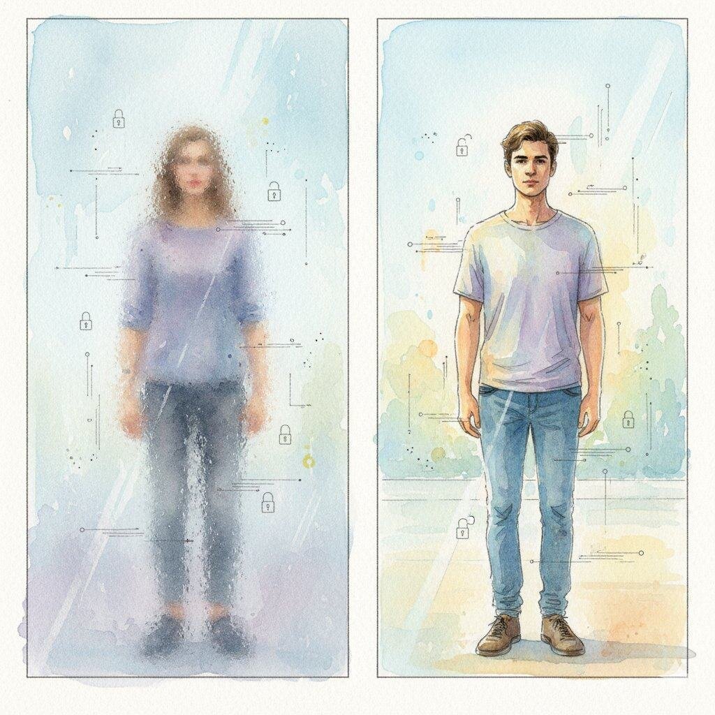 Two people - one behind frosted glass (private), one in clear view (transparent) depicting privacy choices.