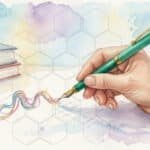 The Old Dog's New Trick: Using AI to Get My Life Back A soft watercolor of a hand holding a brightly colored pen, drawing a unique, flowing line over a faint, symmetrical grid of gray geometric shapes (representing AI-generated structure)