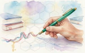 A soft watercolor of a hand holding a brightly colored pen, drawing a unique, flowing line over a faint, symmetrical grid of gray geometric shapes (representing AI-generated structure)