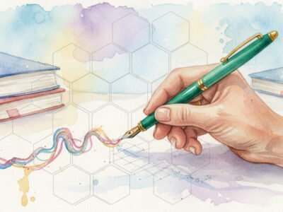 A soft watercolor of a hand holding a brightly colored pen, drawing a unique, flowing line over a faint, symmetrical grid of gray geometric shapes (representing AI-generated structure)
