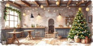 Watercolor illustration of an empty cozy cafe with Christmas tree and solitary seating during the holiday season