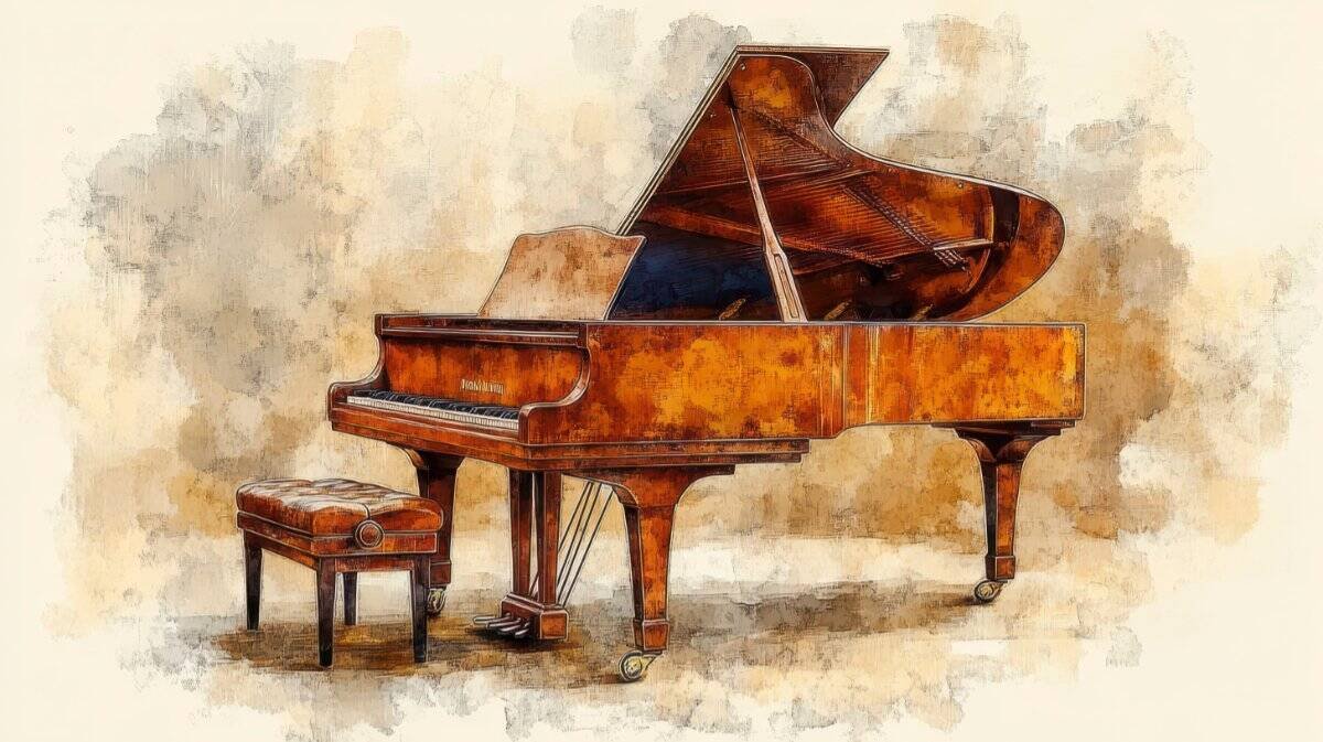 A brown grand piano with a matching bench.