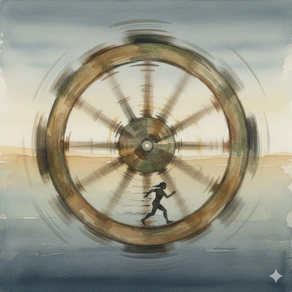 A determined person running inside a spinning wooden hamster wheel