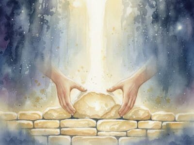 Hands laying foundation with light streaming from above, to signify "building with God"