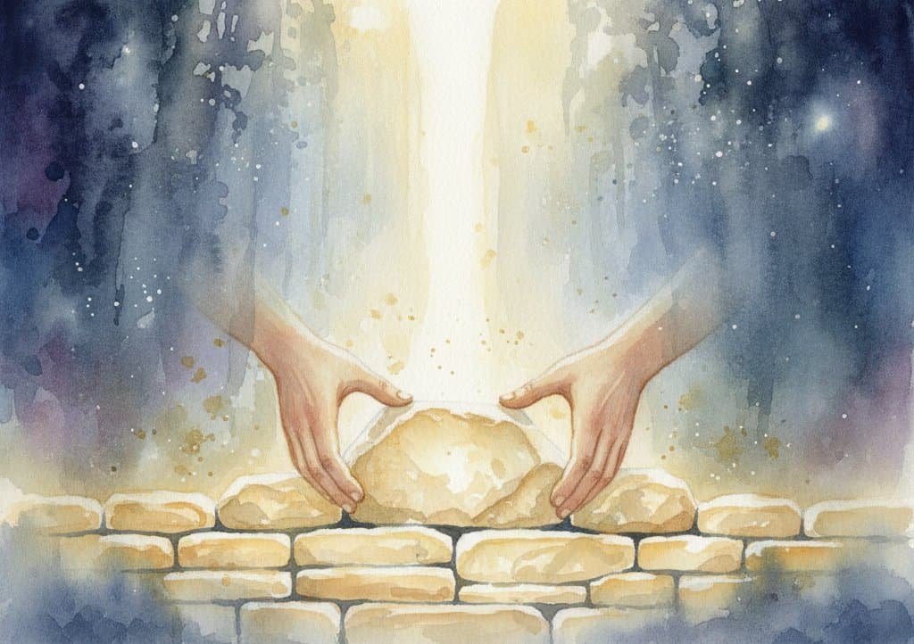 Hands laying foundation with light streaming from above, to signify "building with God"