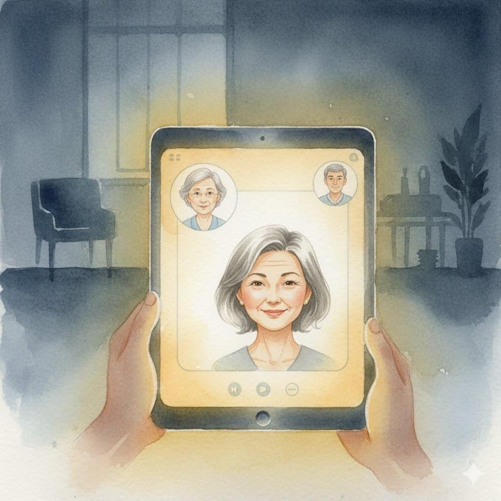 A watercolor of a glowing tablet screen showing a video call with warm light emanating from the device against a darker room.
