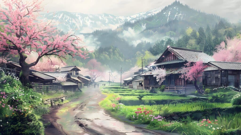 Watercolor of Peaceful Japanese countryside, wooden houses and mountains.
