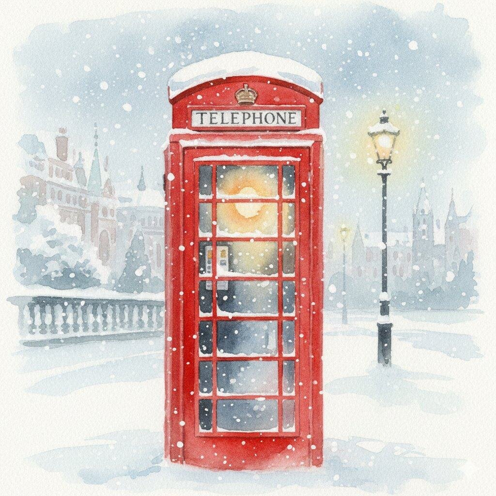 A traditional red London, UK phone box covered in snow during the Christmas season.
