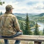 Rear view of a man sitting alone on a lookout point overlooking a forest landscape.