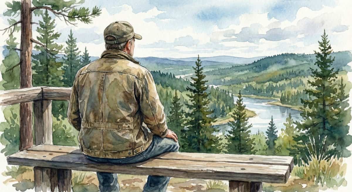 Rear view of a man sitting alone on a lookout point overlooking a forest landscape.