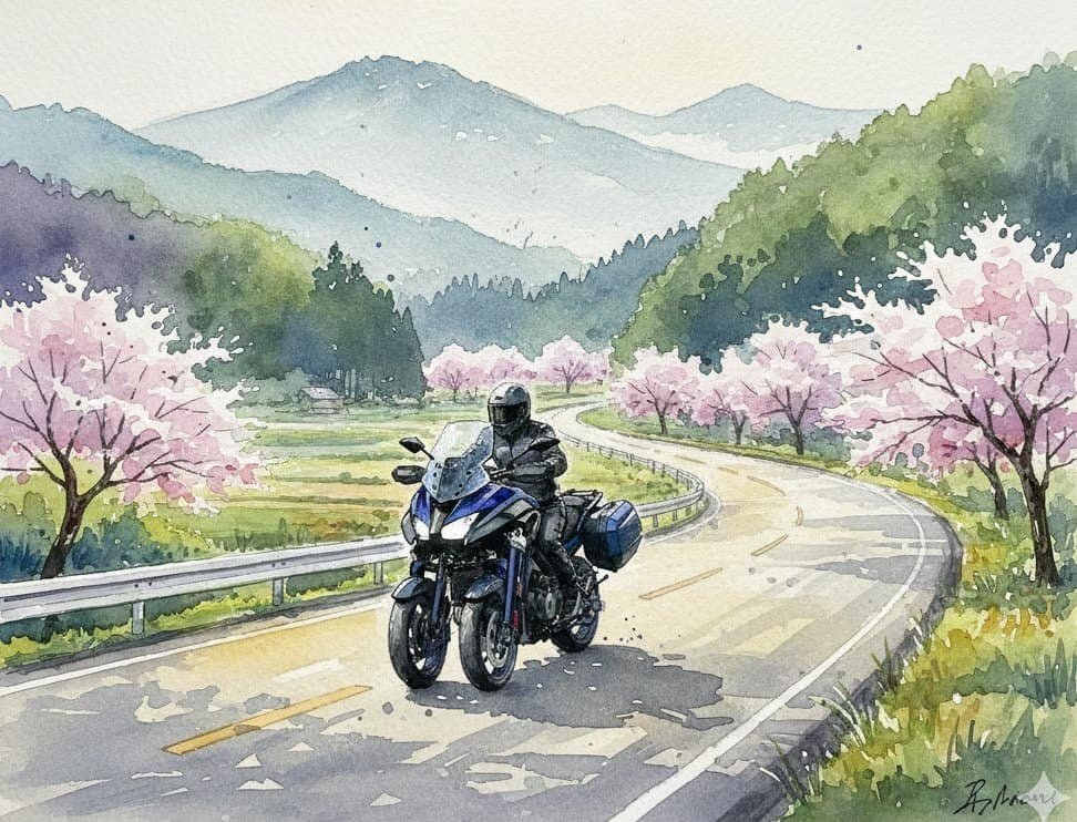 A Yamaha Niken GT rider exploring the Japanese countryside in watercolor.