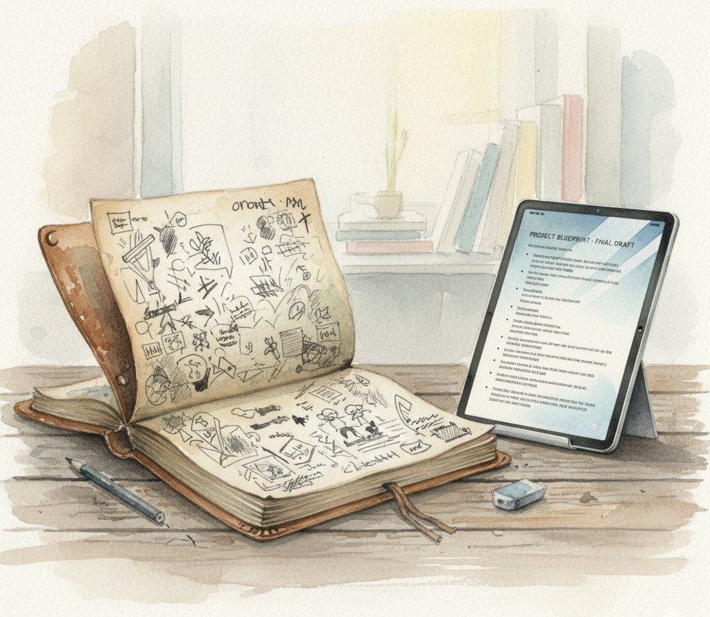A subtle watercolor showing an old, worn sketchbook open next to a sharp, modern tablet.