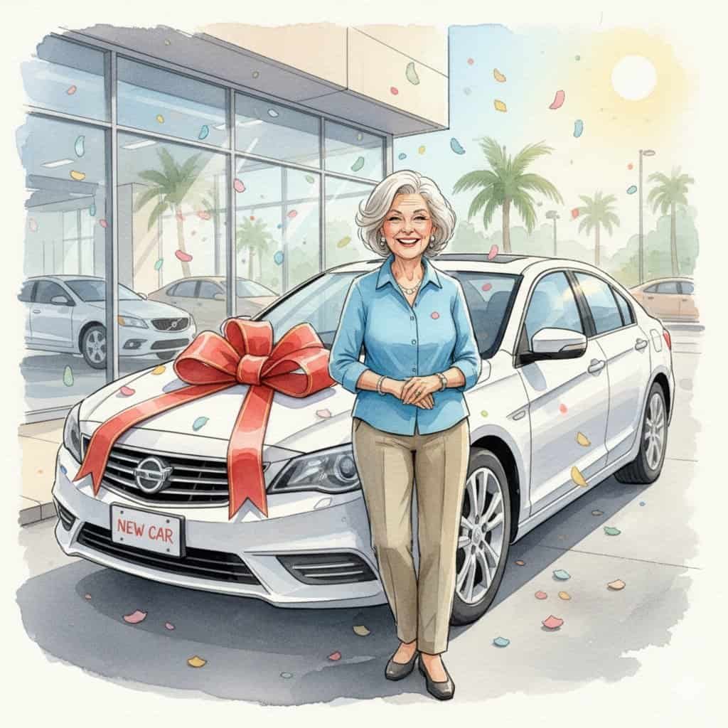 A happy older lady standing with her new car at the dealership (in watercolor).