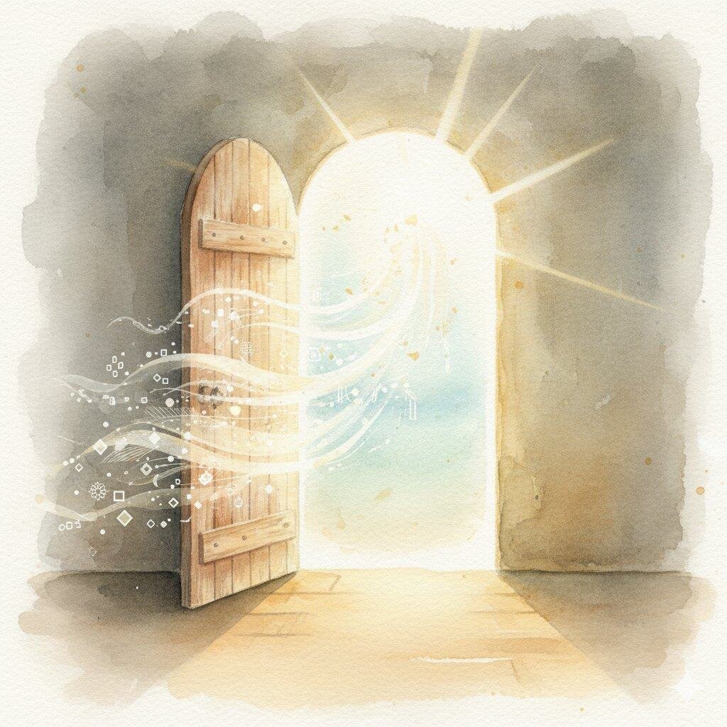 An open door with light streaming through, emphasizing transparency and openness with free-flowing ideas.