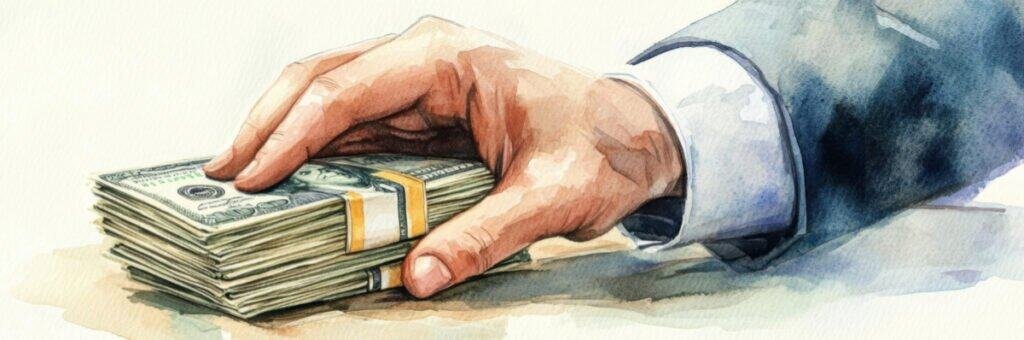A businessman's hand passing a stack of cash across a table. Do you believe in spending money to make money or just working hard?