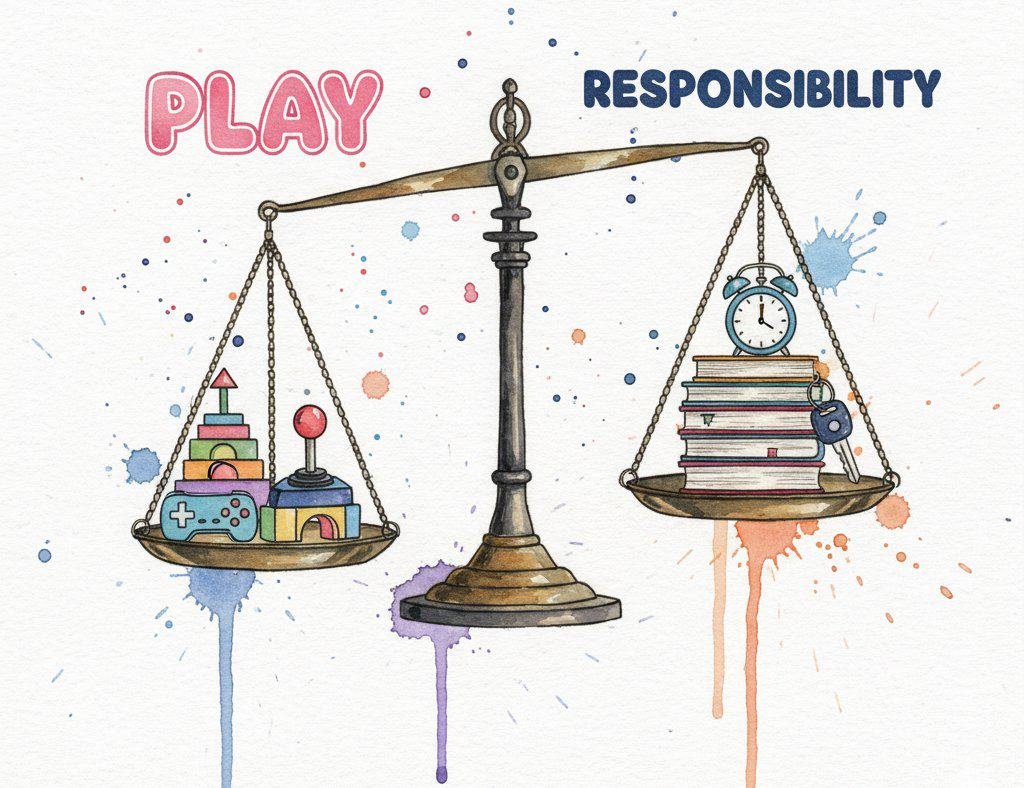A watercolor scale with "play" on one side and "responsibility" on the other.