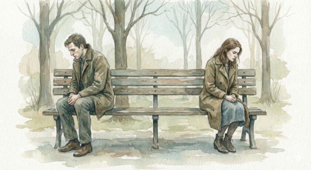 Watercolor illustration of two people sitting on opposite ends of a park bench, looking away from each other. Both looking despondent.