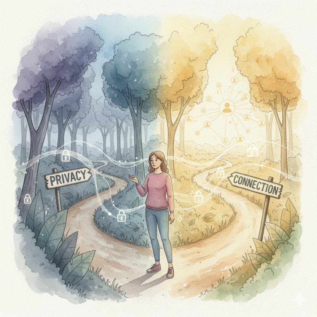 A figure standing at a crossroads between "privacy" and "connection" paths