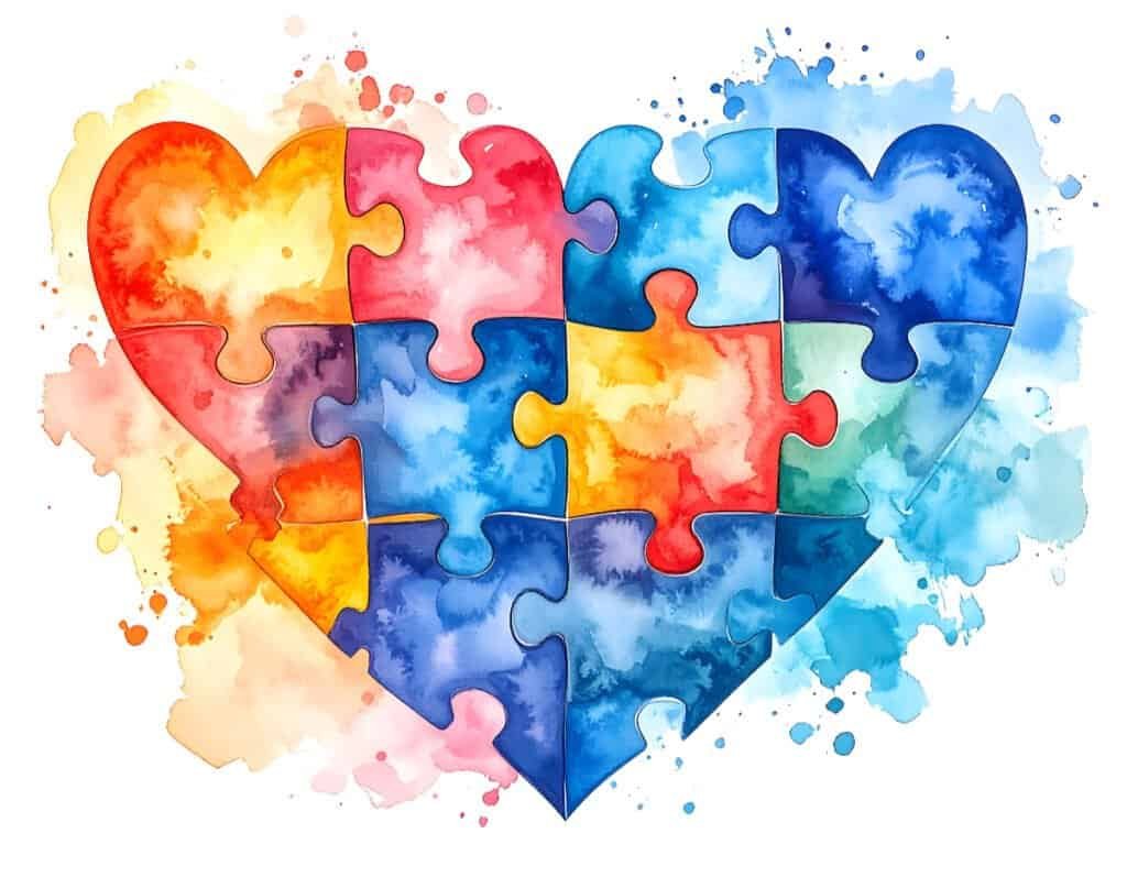 Colorful puzzle heart with watercolor splashes