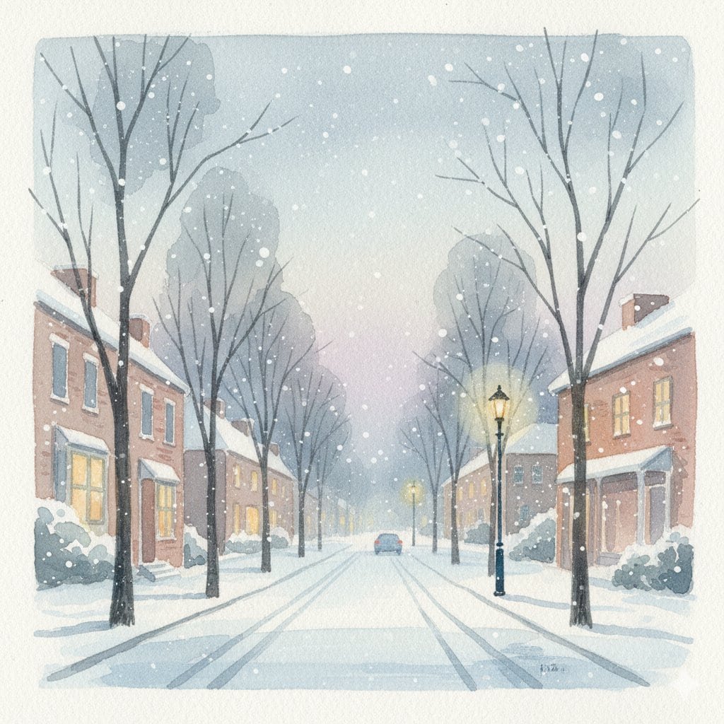 A watercolor scene of a quiet winter street at dusk with gentle snowfall