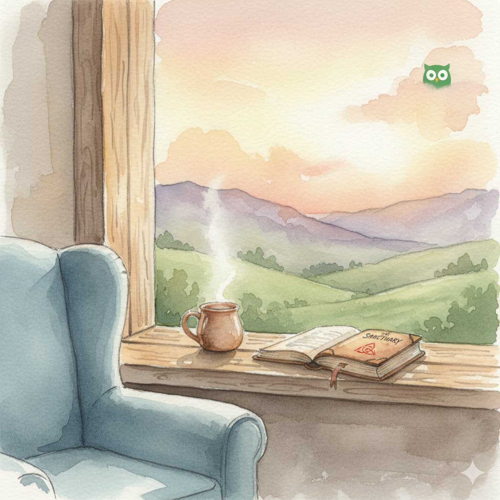 A watercolor scene showing a chair by a window with a warm mug and a book (the Sanctuary), with a tiny, stylized Duolingo icon tucked subtly into the background landscape.